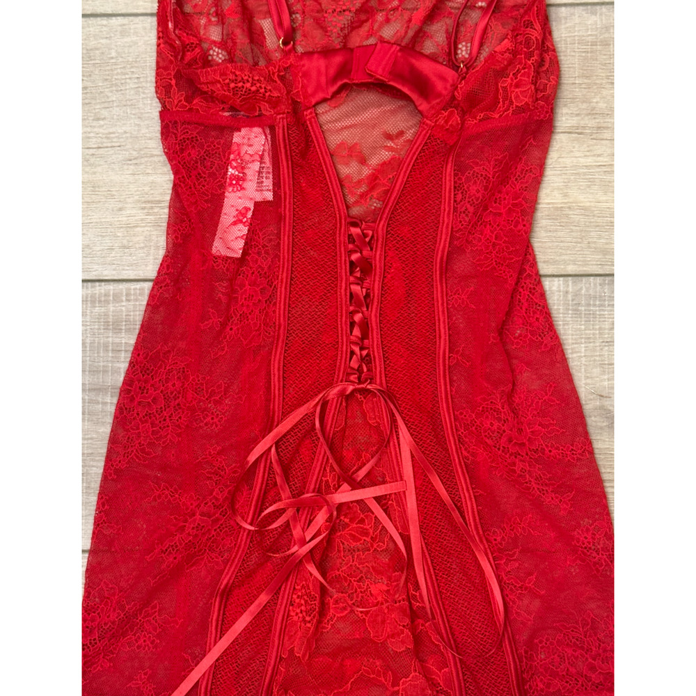 NEW VICTORIA'S SECRET RED MIXED SHEER & LACE MINI SLIP DRESS GARTERS SIZE SMALL - Picture 6 of 13